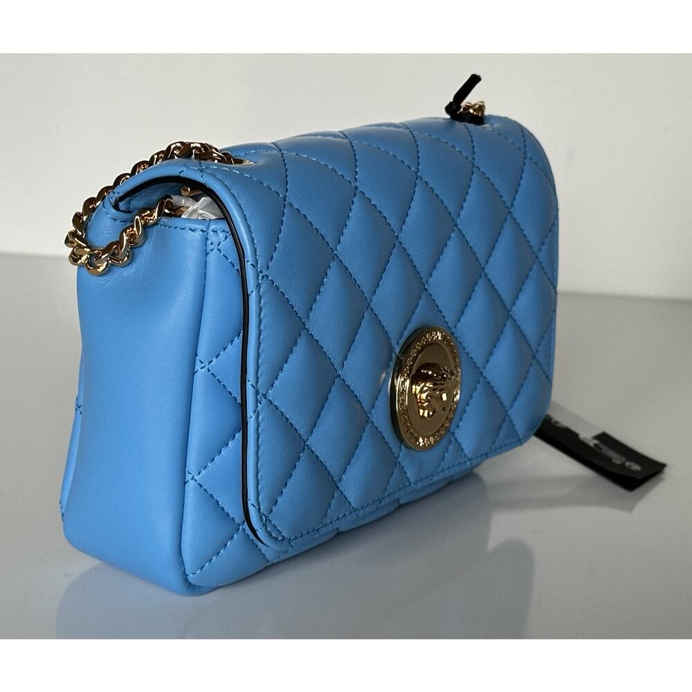 NWT $1325 Versace Quilted Lamb Leather Blue Small Shoulder Bag DBFI163S Italy